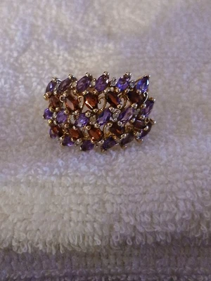 Estate QVC 10K Yellow Gold Amethyst and Garnet Gemstone Ring, NWOT SIZE 7 - Image 1 of 4