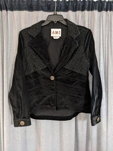 Ami Jacket Women's L Black Velvet Goth Glam Lace Trim Vamp Office Siren Whimsy - Picture 1 of 9