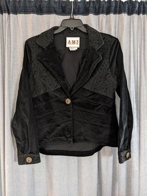 Ami Jacket Women's L Black Velvet Goth Glam Lace Trim Vamp Office Siren Whimsy - Image 1 of 4