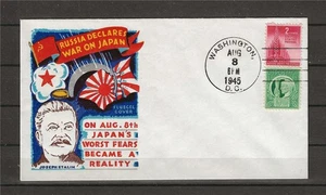 US 1945 FDC Stalin Russia declare war on Japan Washington First day flugel cover - Picture 1 of 2