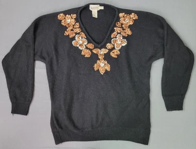 Suéter angorá vintage feminino Faucetti seda preta com lantejoulas prata cobre 18/20 - Imagem 1 de 4