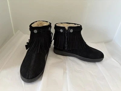 MINNETONKA Mujer Talla 6 Negro Gamuza Flecos Cremallera Lateral Vellón Forrado Botines Foto 1 de 4