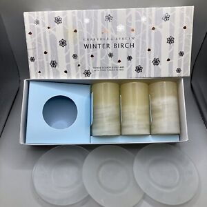 Crabtree and Evelyn Winter Birch 3 Scented Candles and 3 Candle Plates