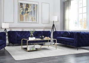 Contemporary Living Room Dark Blue Velvet Fabric Sofa Couch Loveseat Set IGB7 - Picture 1 of 3