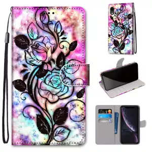 For Various Phone Flower Painting Wallet Case Card Pocket Flip Stand Cover Girls - Picture 1 of 12