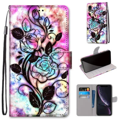 For Various Phone Flower Painting Wallet Case Card Pocket Flip Stand Cover Girls - Image 1 of 4