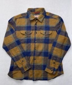 Iron And Resin Mens Heavy Flannel Shirt Size Large Blue Yellow Plaid Cotton