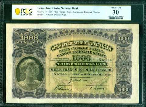 Switzerland 1939. Nationalbank 1.000 Franken, P-37e. PCGS 30 Top Pop Cover