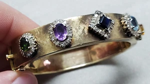 Vintage Gemstone & Diamond bangle bracelet 14K solid gold 33.9g 7" - Picture 1 of 14