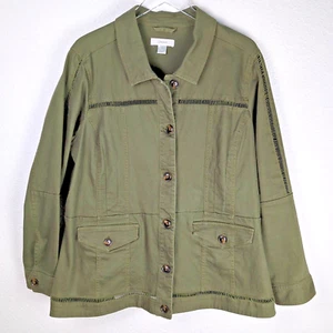 Women's Khaki Denim Jacket 1X CJ Banks Button Up Embroidered Green - Picture 1 of 12