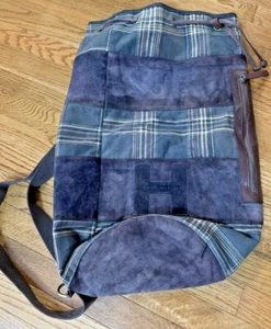 VTG TOMMY HILFIGER Plaid Suede Brown Green Barrel Duffle drawstring Men Womens - Picture 1 of 12