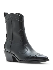 Women's Black Western Ankle Boots Slip-On Block Heel Casual Booties Size 8 - Picture 1 of 12