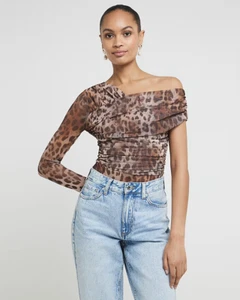 River Island Brown Leopard Print Mesh Bodysuit 'Petite' 10 NEW RRP £35 - Picture 1 of 8