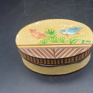 Handmade Wood Shavings Oval Trinket Box With Mother Of Pearl Koi Fish - Picture 1 of 13