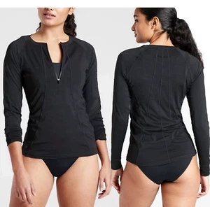 Athleta Rash Guard Women XL Black Pacifica 1/4 Zip Long Sleeve UPF Swim Top Surf - Picture 1 of 14