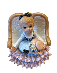 Vintage Ruffle Girl in a Large Chair Figurine  Lefton? Napco? TW-118 - Imagen 1 de 19