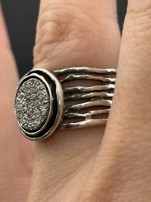 Estate NOA ZUMAN Sterling Silver Druzy Quartz Ring Made in Israel Wide Band Sz 7 - Image 1 of 4