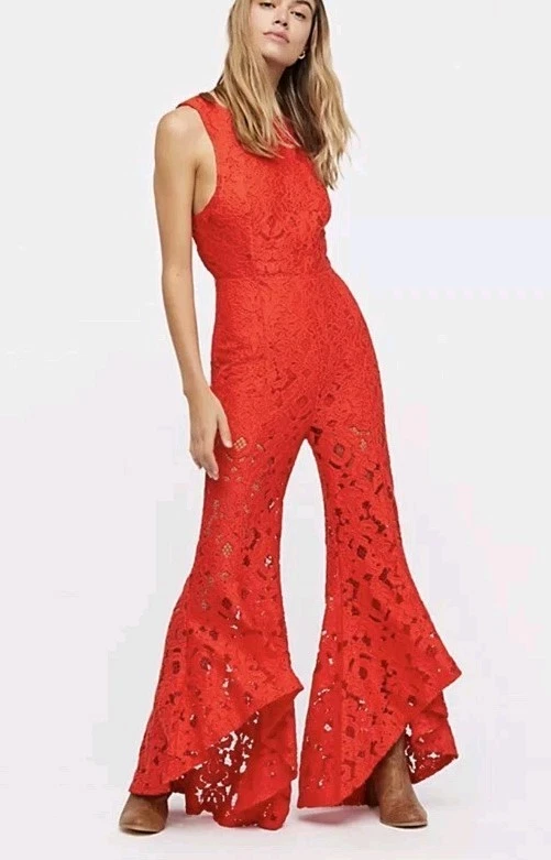 Free People Rise and Shine Lace One-Piece Bell Bottom Jumpsuit 0 - Image 1 of 4