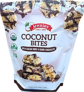 Jennies Organic Coconut Bites with Cacao Nibs Dark Chocolate 24 Oz Bag EXP 6/26 - Picture 1 of 4