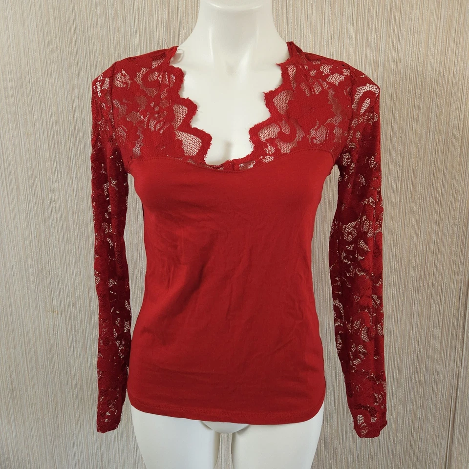 Sexy Camisa Romántica Top Rojo Manga Larga Con Cordones Grande Inserto de Encaje De Colección Y2k Foto 1 de 4