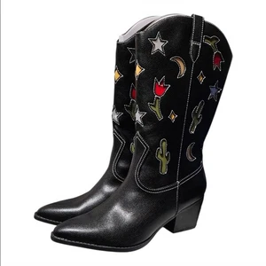 No Boundaries Damen schwarz Western Cowboystiefel Kaktus Sterne Mond Tulpen Größe 10 - Bild 1 von 6