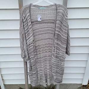 NEU Maurices mittelbraun weiß gestreifter offener langer Cardigan Pullover Staubtuch Damen - Bild 1 von 7