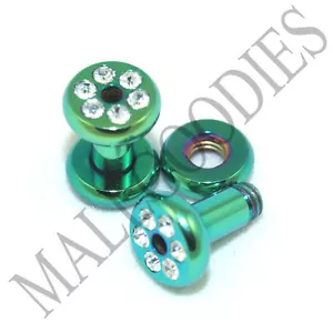 0954 Green Steel Screw-on/fit CZ Flesh Tunnels 8 Gauge 8G Ear Plugs 3.2mm - Picture 1 of 1