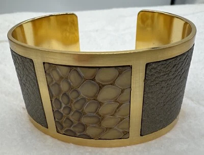 Brazalete BRIGHTON NICKS ancho dorado marrón beige incrustaciones de cuero Foto 1 de 4