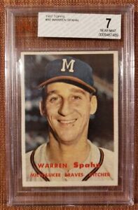 Vintage 1957 Topps Warren Spahn Milwaukee Braves #90 Baseball Card BVG 7 NM