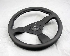 Personal Grinta Steering Wheel 350mm Black Leather Grey Stitching Black Spokes - Foto 1 di 6