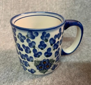 Polish Pottery UNIKAT Mug Blue Violets Signed - Picture 1 of 7