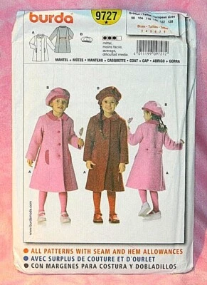 Uncut Burda Child Girls Sz 3-8 Front Button Winter Coat & Beret Hat Pattern 9727 - Image 1 of 2