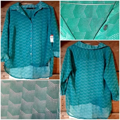 Nueva camisa de vestir para mujer Attention blusa abotonada verde azulado con estrellas rosas talla S Foto 1 de 4