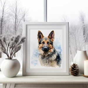 Pastor alemán estampado en invierno, pintura moderna en acuarela, retrato de mascota - Imagen 1 de 10