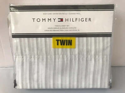 TOMMY HILFIGER TWIN XL SHEET SET GREY GREEN WHITE Stripe Easy Care FARM COTTAGE - Image 1 of 3