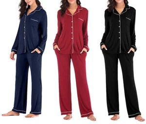 Women's Long Sleeve T-shirt Pants Set Casuall Home Loungewear Pajamas Sleepwear - Picture 1 of 17