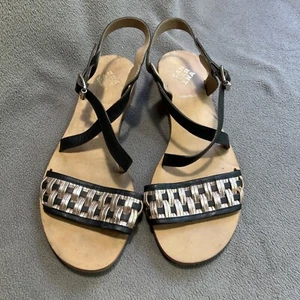 San Marina Slingback Flat Sandals Black Leather Shoe Basket Weave With Buckle - Picture 1 of 7