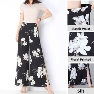 Pantaloni donna culottes stampa floreale gamba larga vita alta spacco laterale moda - Foto 1 di 12