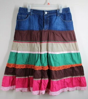 Vtg 90s Bill Blass Jeanwear 12 Tier Patch Denim Ribbon Multicolor Midi Skirt 33" - Image 1 of 4