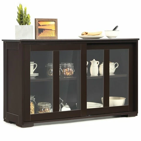 Buffet Sideboard Storage Cabinet Sliding Door Glass Dining Kitchen Brown New Cover