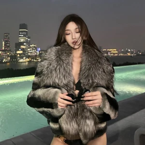 Chinchilla Coats Women Winter Real Rex Rabbit with Silver Fox Fur Collar Jackets - Picture 1 of 6
