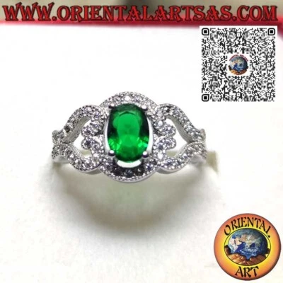 Anello in Argento 925‰ smeraldo sintetico ovale su montatura con cuori sui lati - Immagine 1 di 4