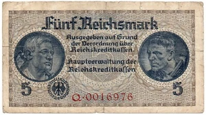 Nazi Germany 5 Reichsmark Banknotes Circulated WWII Q-0016976 - Picture 1 of 1
