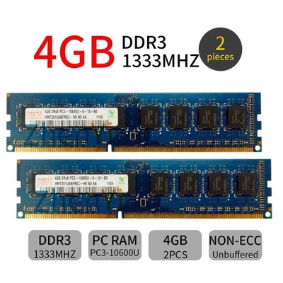 8GB Kit 2x 4GB 2Rx8 DDR3 PC3-10600U HMT351U6BFR8C-H9 1333MHz DIMM RAM For Hynix - Image 1 of 4