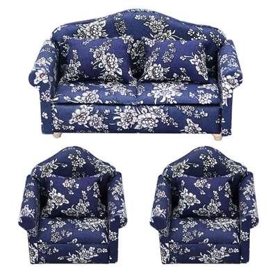 Sofá floral azul para casa de muñecas 1:12 con juego de almohadas accesorio de muebles en miniatura Foto 1 de 4