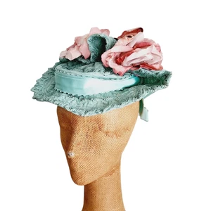 Vintage 30s Blue Pink Hat in Straw & Silk by Milgrim - Picture 1 of 15