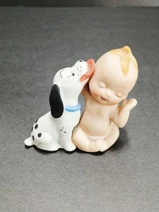 Vtg Porcelain Baby with Puppy Miniature Figurine = about 2" tall - Picture 1 of 12