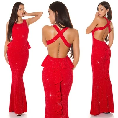 Sexy Miss Edel Damen Abend Party Maxi Dress Kleid Glitzer 34 36 38 rot silber - Bild 1 von 4