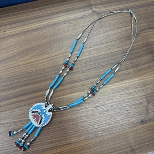Vintage Signed TT Navajo Native American Silver Necklace Coral Turquoise - Picture 1 of 8