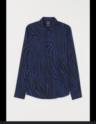 Camisa de vestir H&M azul y negra con botones para hombre talla M calce ajustado mezcla de algodón Foto 1 de 3